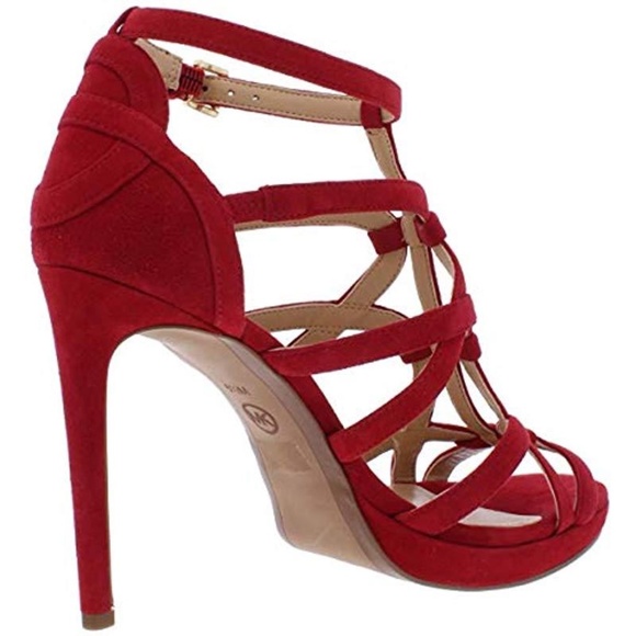 Michael Kors Sandra Silhouette Platforms Red Burgundy Suede Leather Sandals Heel - Picture 6 of 12